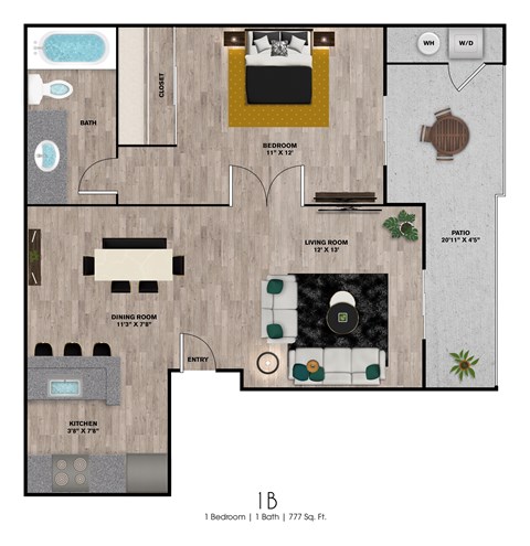 Floor plan for 1 bed, 1 bath, 777 sqft